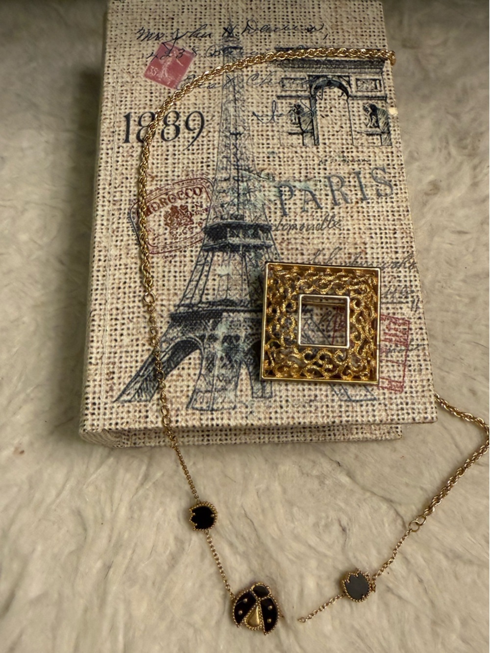 2 Piece Gold Filigree Square Frame Brooch and Necklace with Ladybird and Tulips